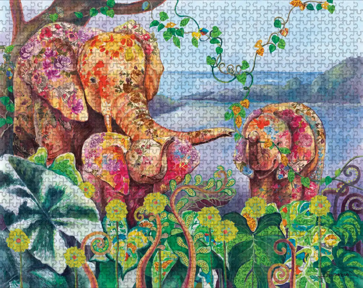 Colorful elephant puzzle with floral patterns and a scenic background