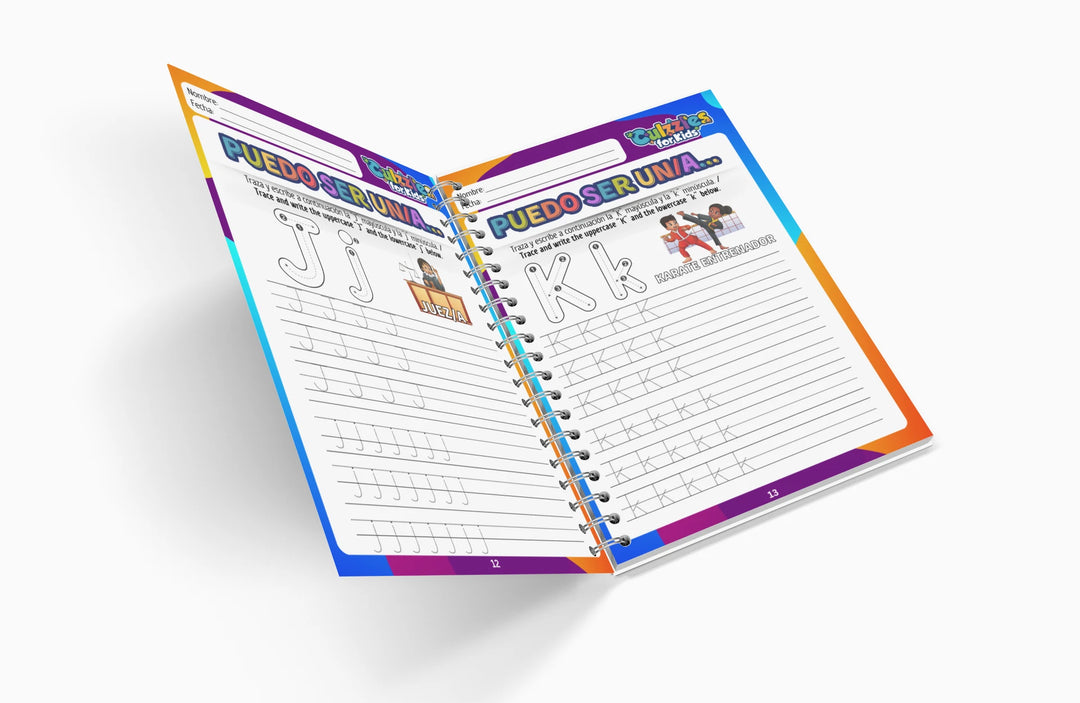 Open educational workbook with letter tracing pages on a white background
