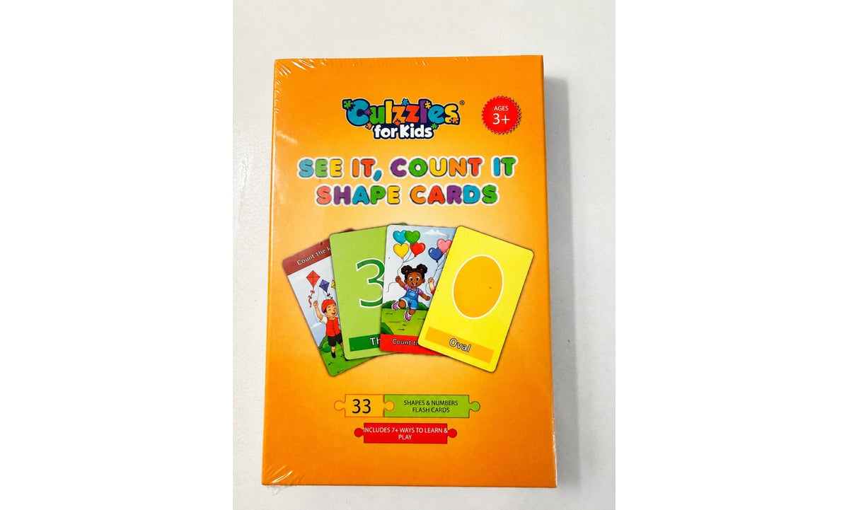 Grizzles for Kids 'See It, Count It Shape Cards' in a bright orange box, showing three sample shape cards (number 3, number 2, and number 0) on a white background.
