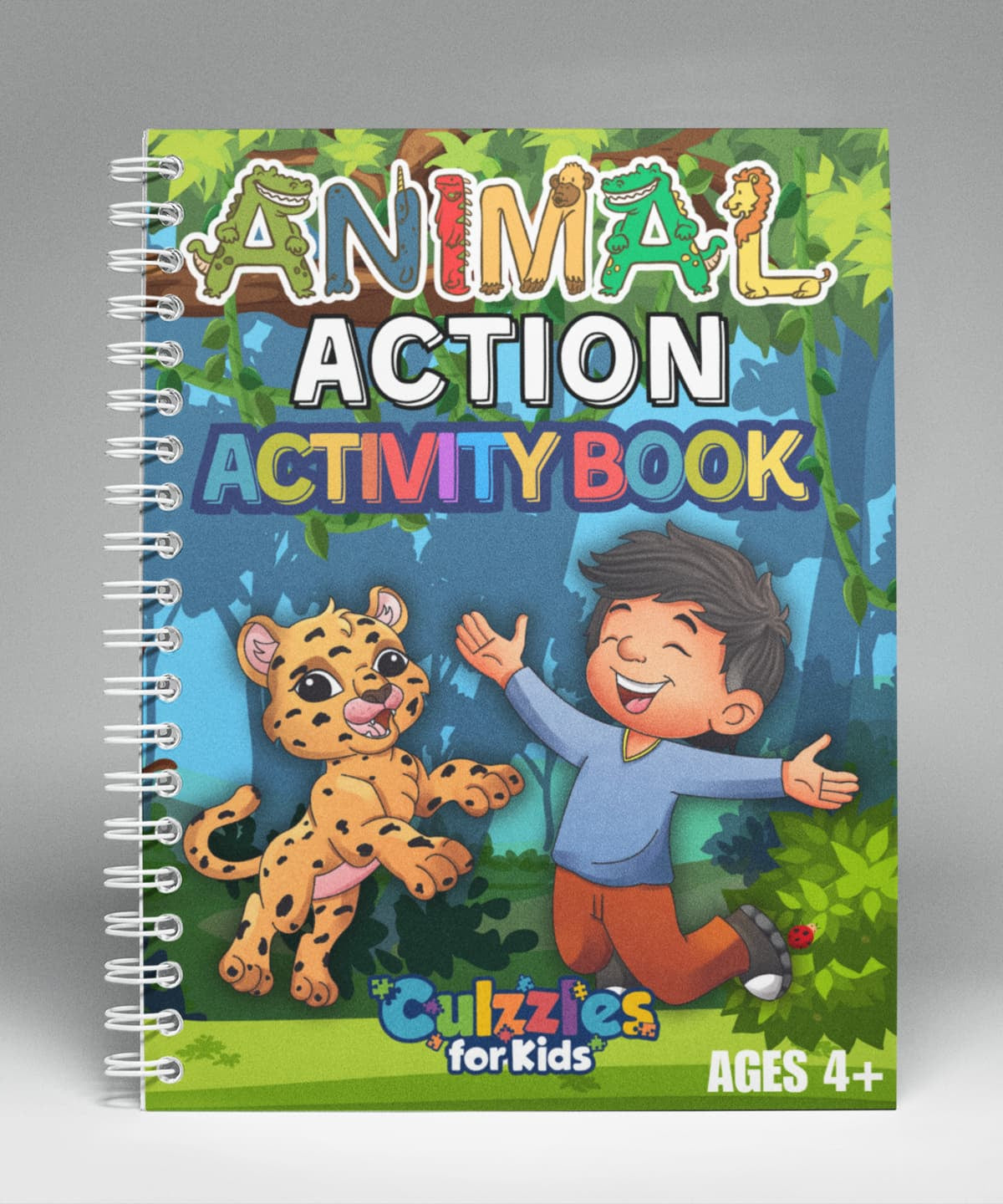Children's activity book titled 'Animal Action' with a cartoon boy and leopard on the cover.