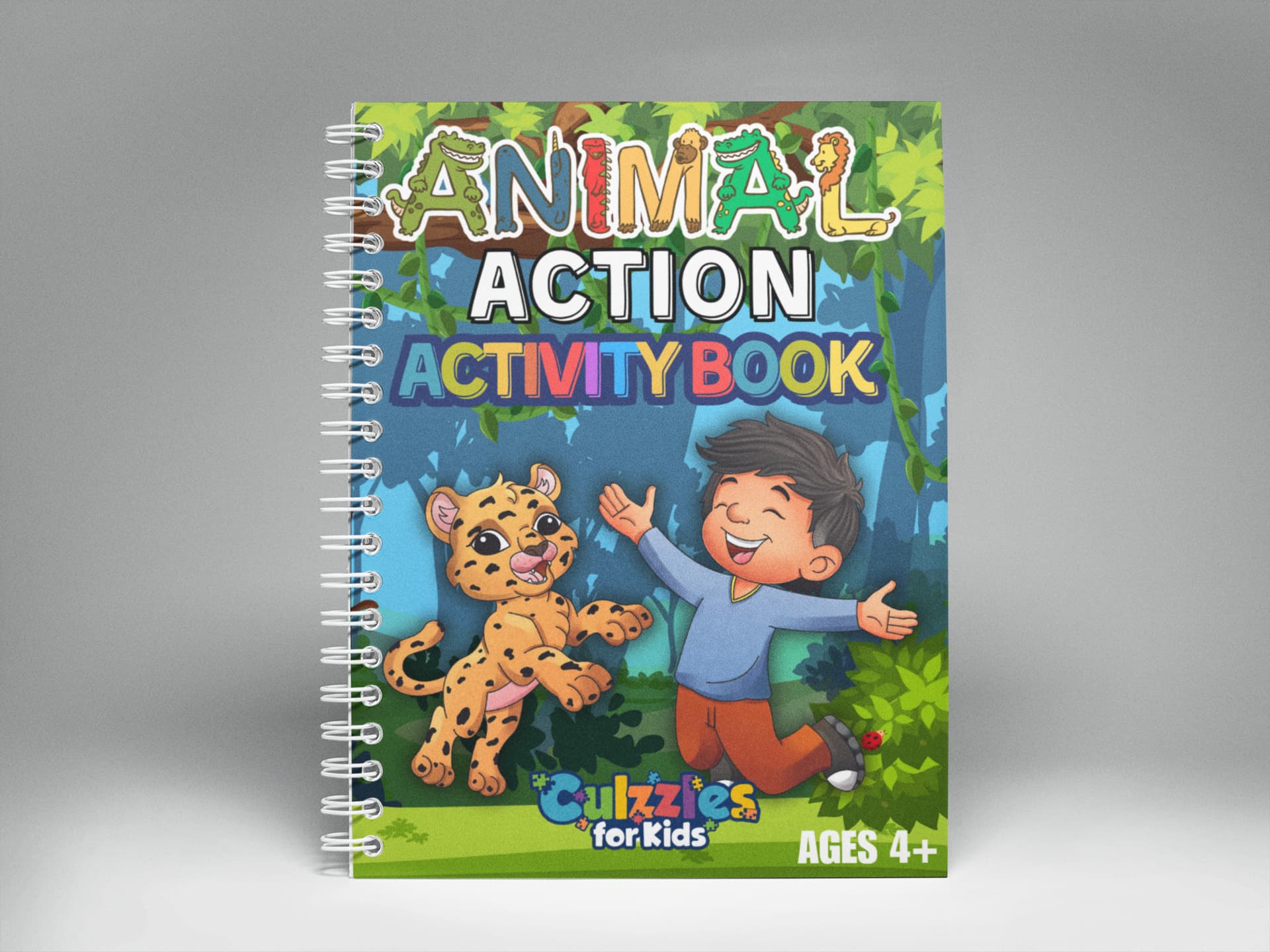 Children's activity book titled 'Animal Action' with a cartoon boy and leopard on the cover.