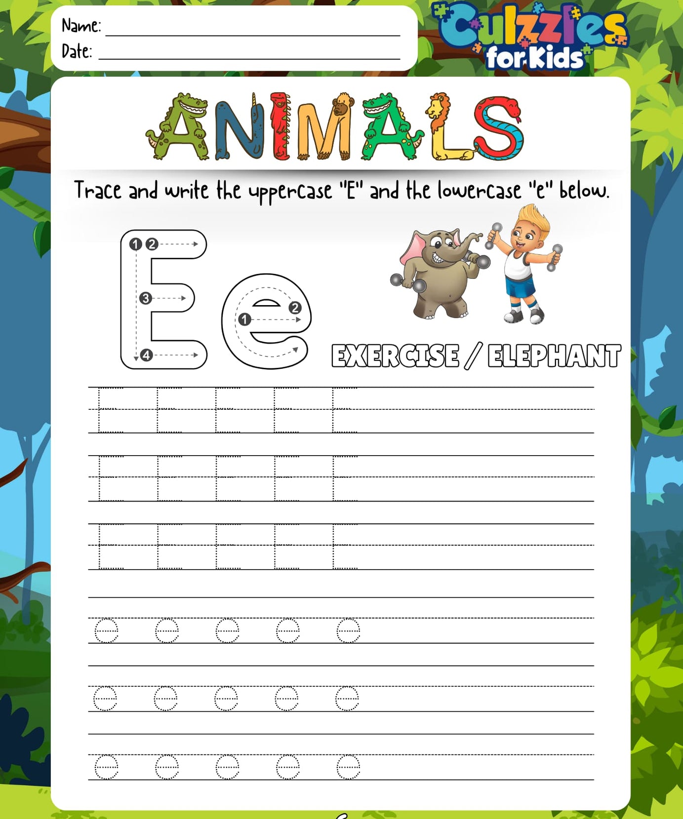 Educational worksheet for children with letter tracing and animal theme, featuring the letter 'E'.