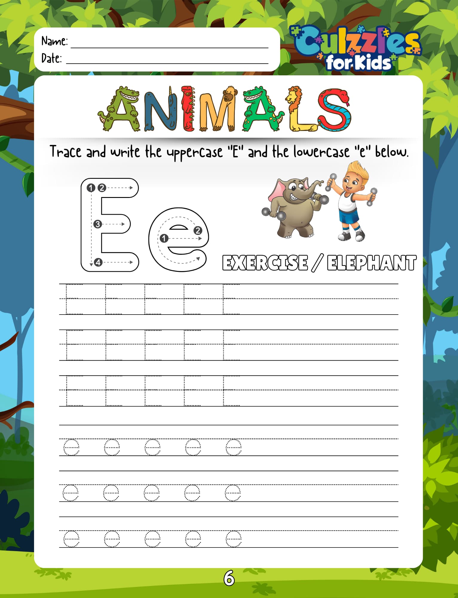 Educational worksheet for children with letter tracing and animal theme, featuring the letter 'E'.