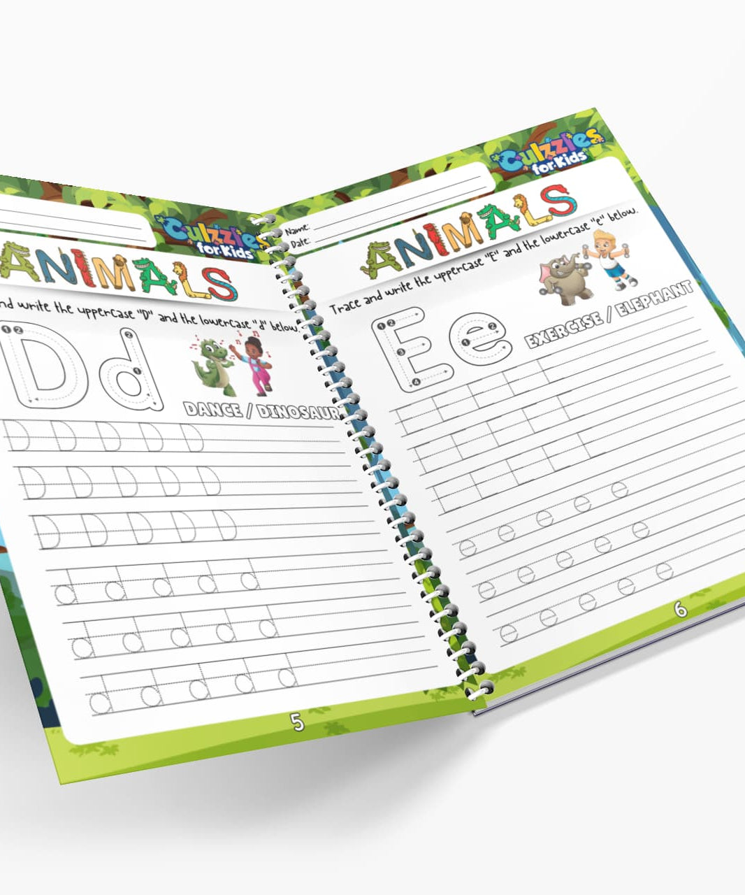 Open book with educational content on animals and letters, on a white background