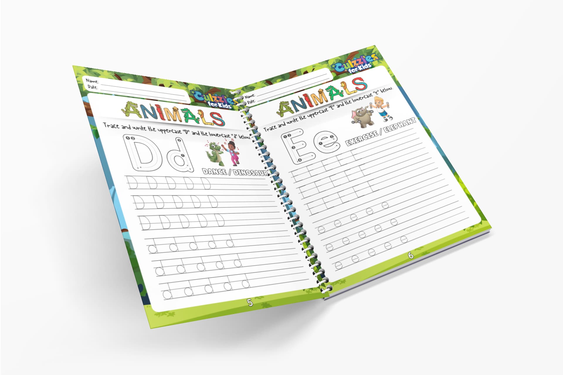 Open book with educational content on animals and letters, on a white background