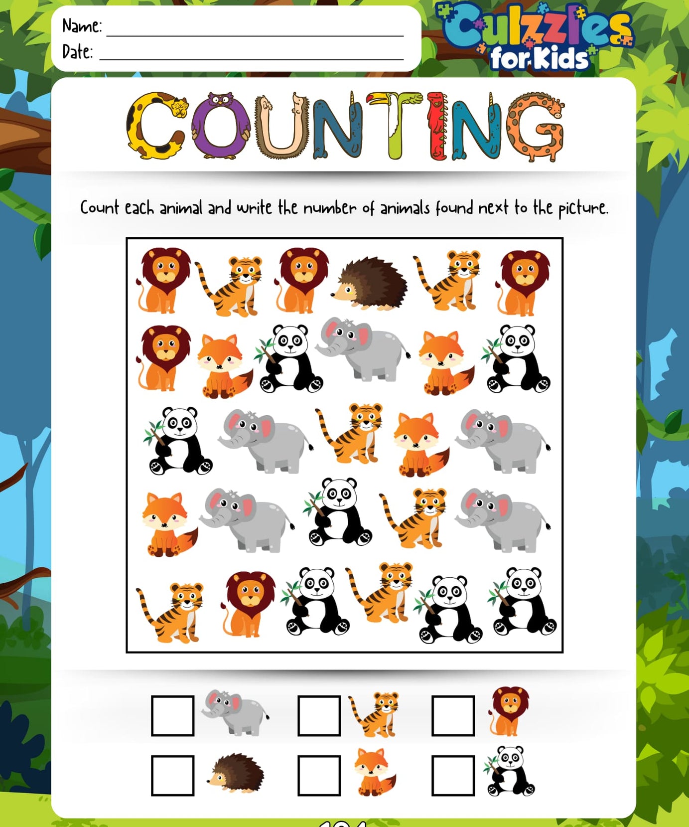 Counting worksheet for children with animals and space to write numbers, featuring Culzzies for Kids branding.