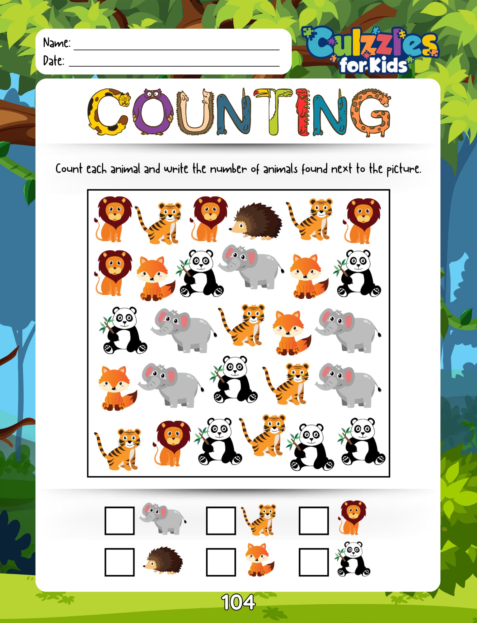 Counting worksheet for children with animals and space to write numbers, featuring Culzzies for Kids branding.