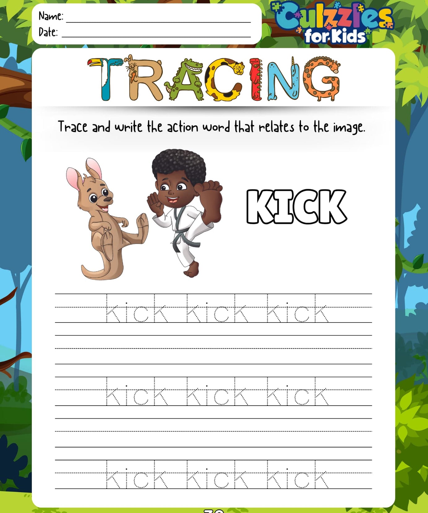 Educational worksheet for children with a kangaroo and a child kicking, set against a jungle background.
