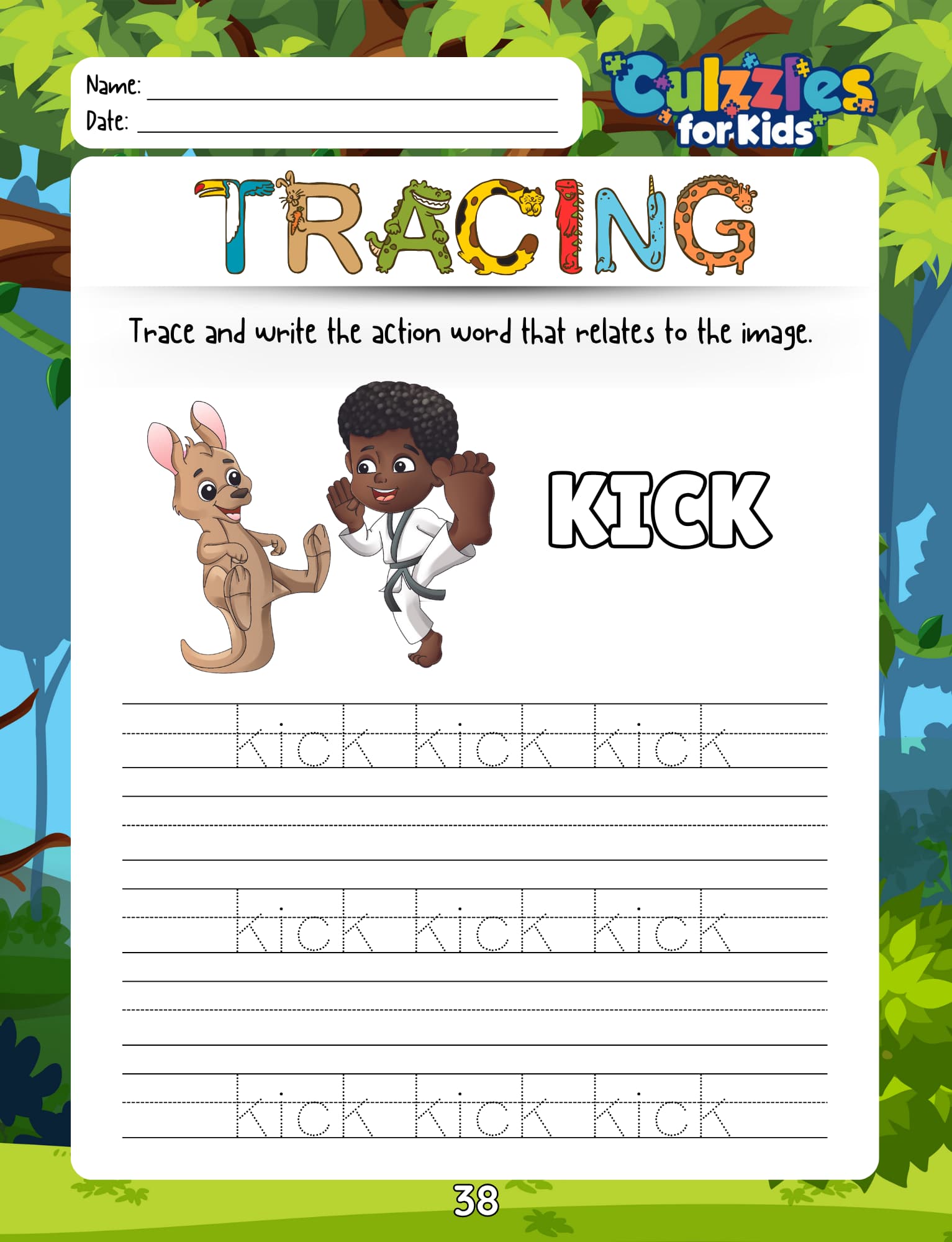 Educational worksheet for children with a kangaroo and a child kicking, set against a jungle background.