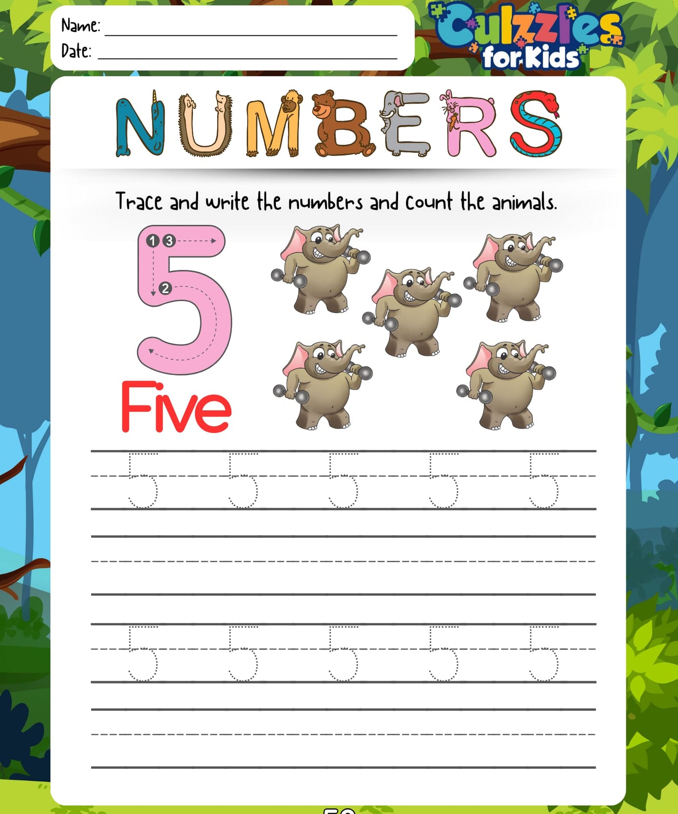 Educational worksheet for children with number tracing activity, featuring the number five and the word 'Five'.