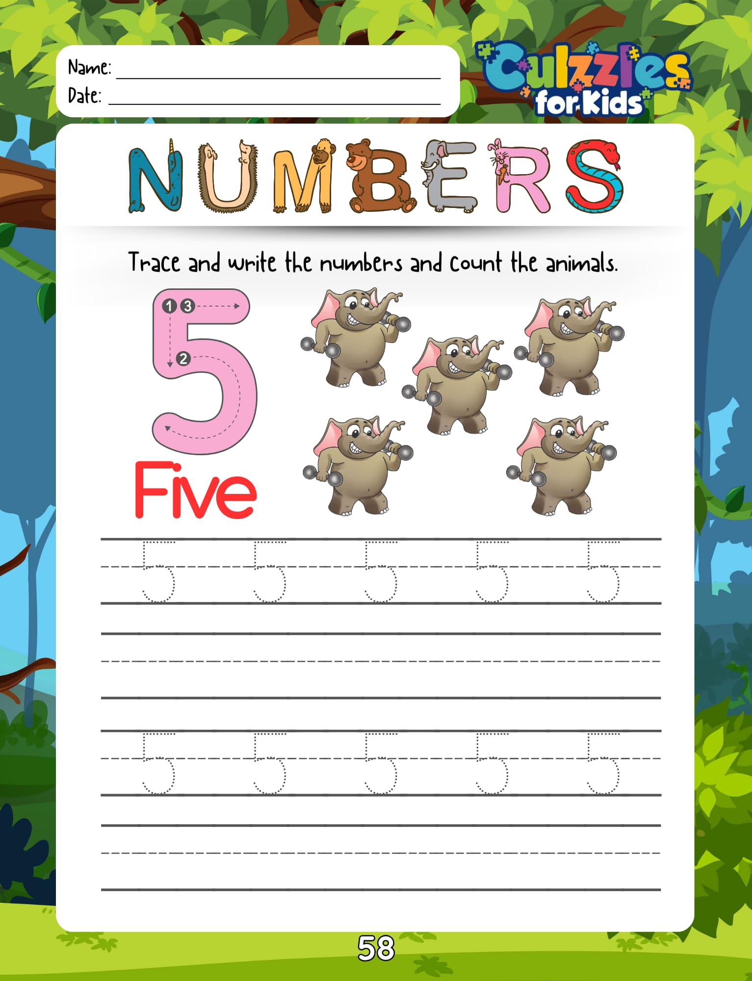 Educational worksheet for children with number tracing activity, featuring the number five and the word 'Five'.