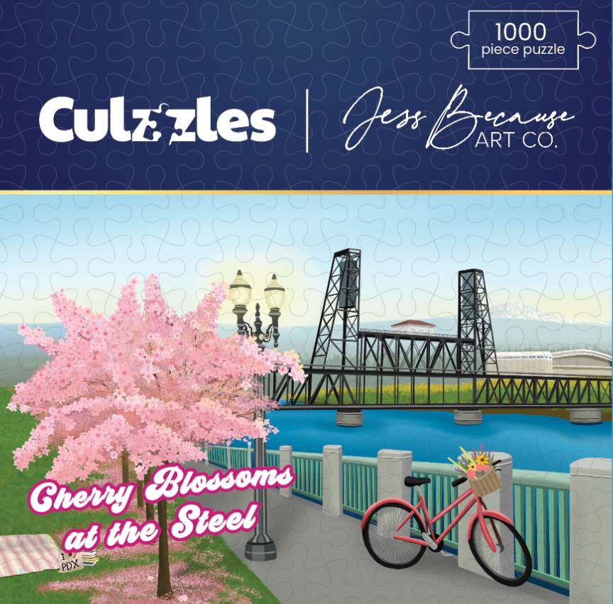Culzzles Jess Because Art Co. puzzle packaging with cherry blossoms and a bridge.