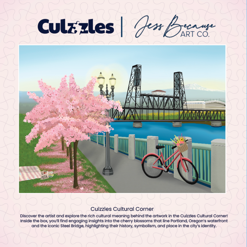 Illustration of a cherry blossom tree and bicycle by a bridge with Culzzles and Jess Because Art Co. branding.