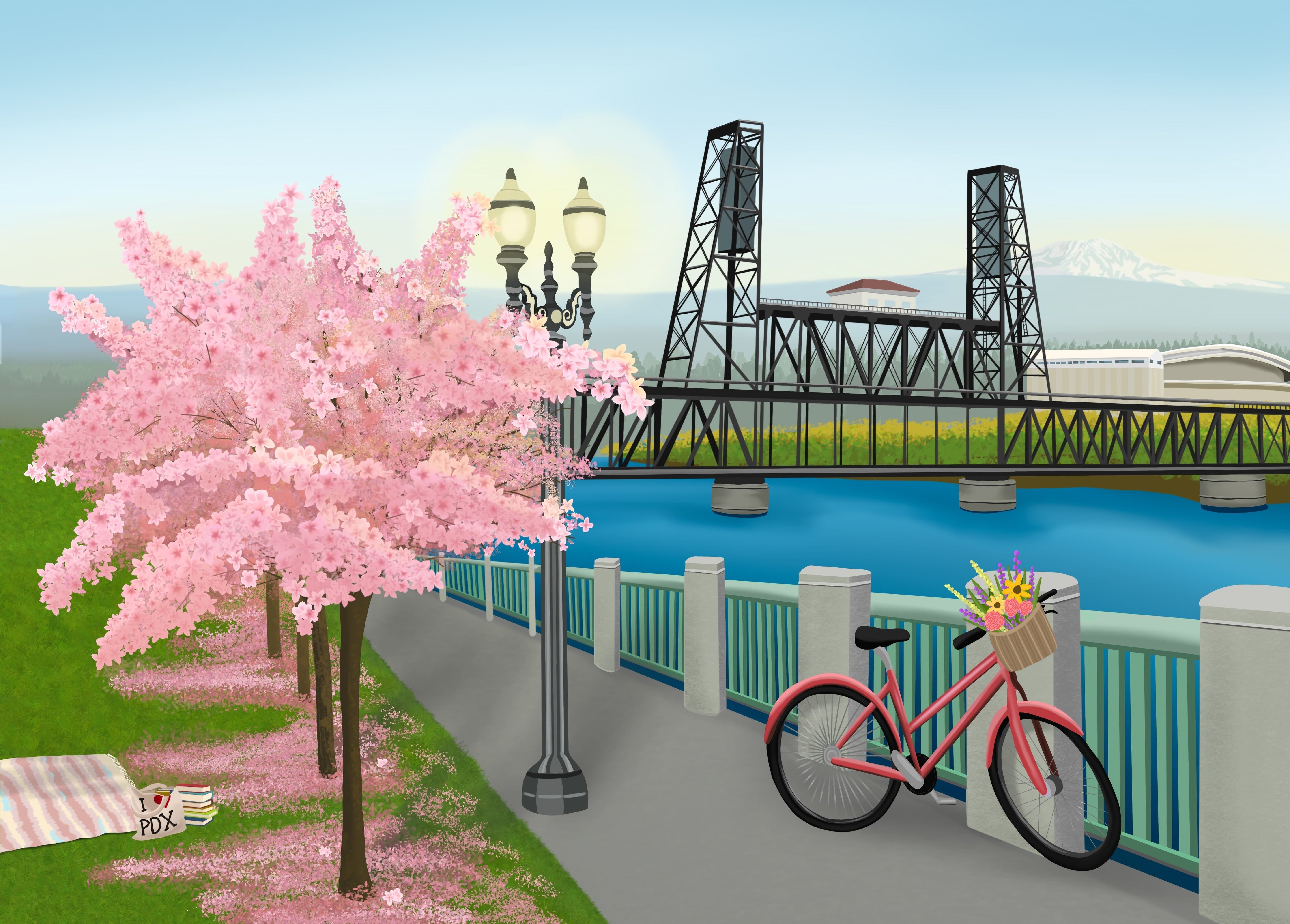 A culzzle puzzle that shows a stylized outdoor scene showing a pink bicycle with a flower basket parked beside a railing next to a blue river, with a black truss bridge in the background, a pink cherry blossom tree, and a walkway.