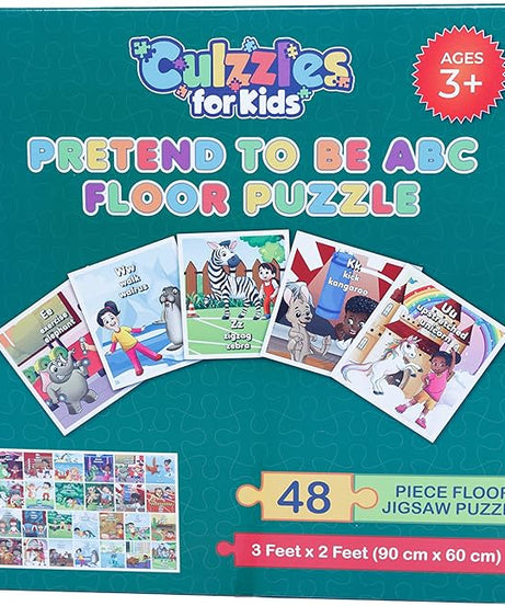 Culzzies for Kids pretend to be ABC floor puzzle packaging with colorful illustrations and text.