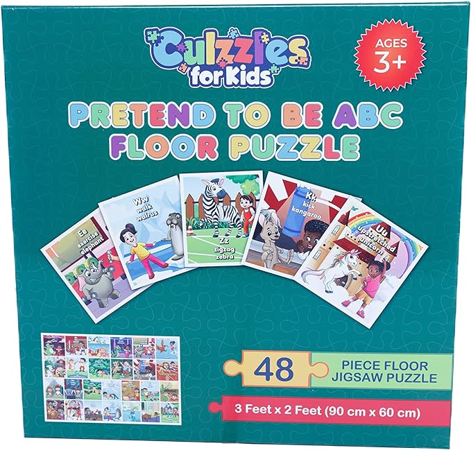 Culzzies for Kids pretend to be ABC floor puzzle packaging with colorful illustrations and text.
