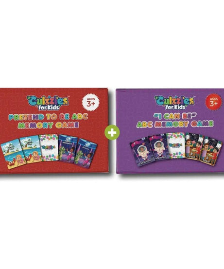 Two children's memory game boxes, one red and one purple, with colorful illustrations on a white background.