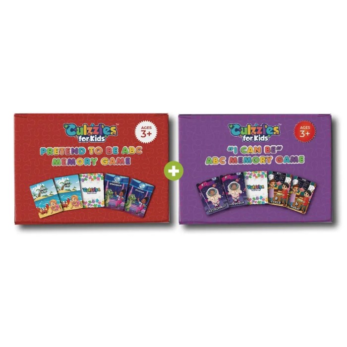 Two children's memory game boxes, one red and one purple, with colorful illustrations on a white background.