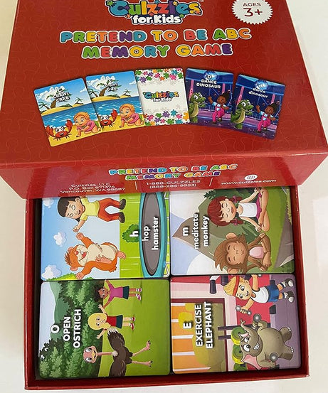 Memory game box with colorful cards featuring animals and children on a white background