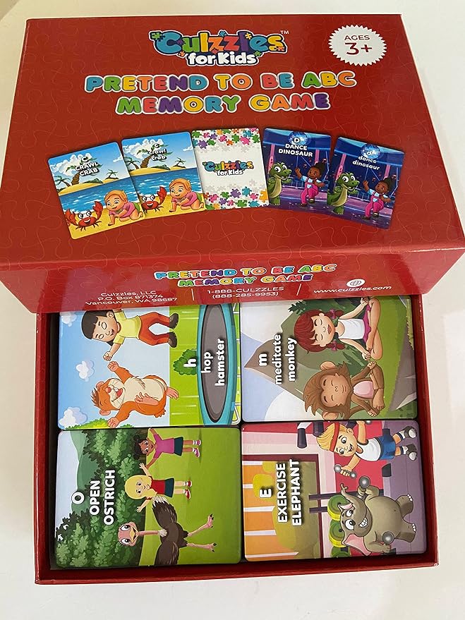 Memory game box with colorful cards featuring animals and children on a white background