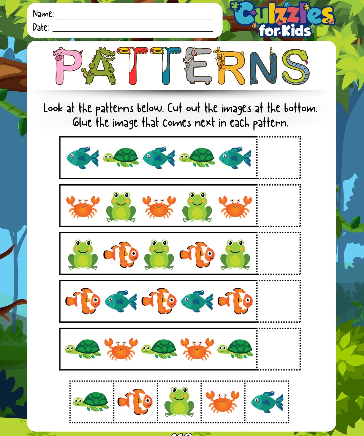 Educational worksheet for children titled 'Patterns' with animal images on a green background.