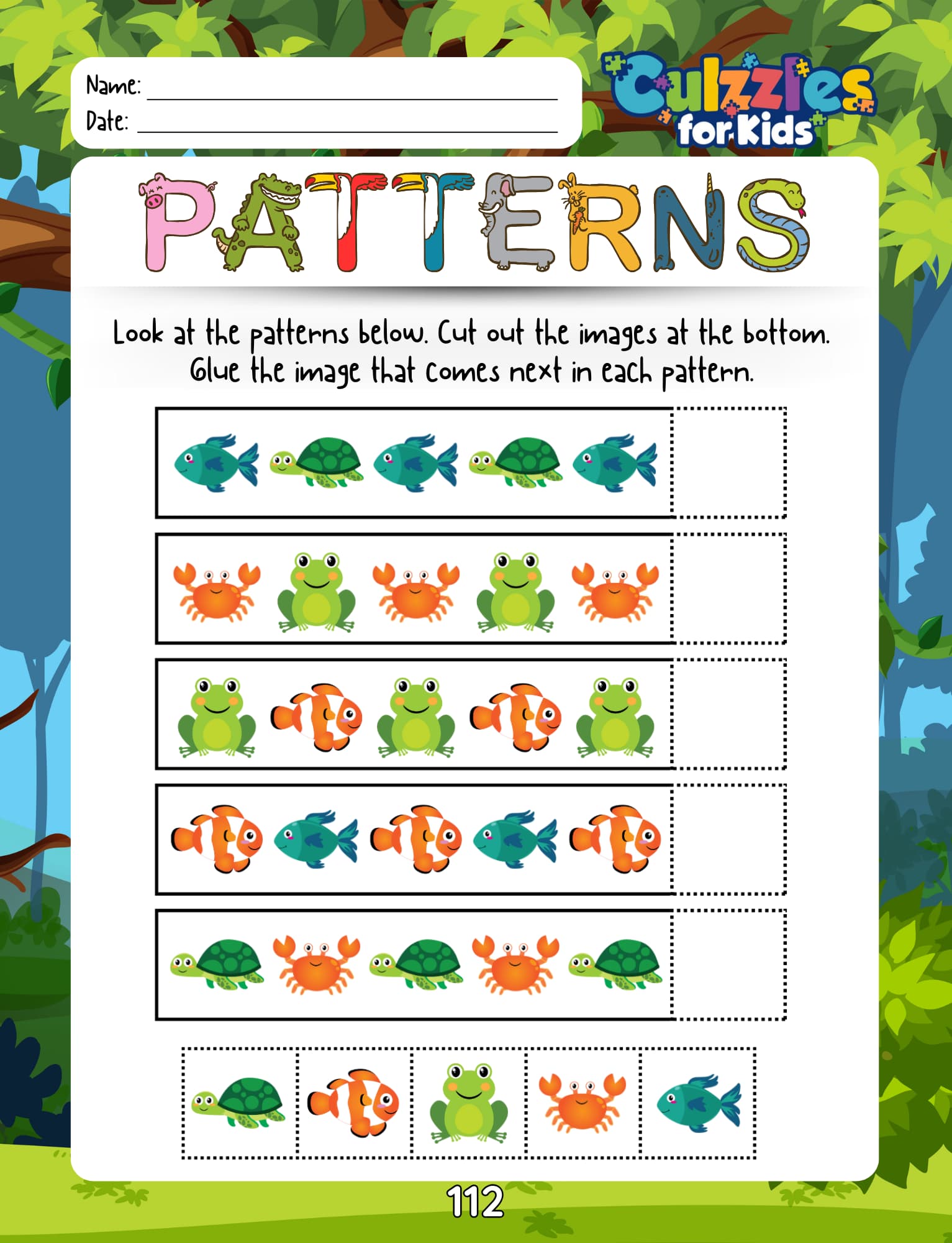 Educational worksheet for children titled 'Patterns' with animal images on a green background.