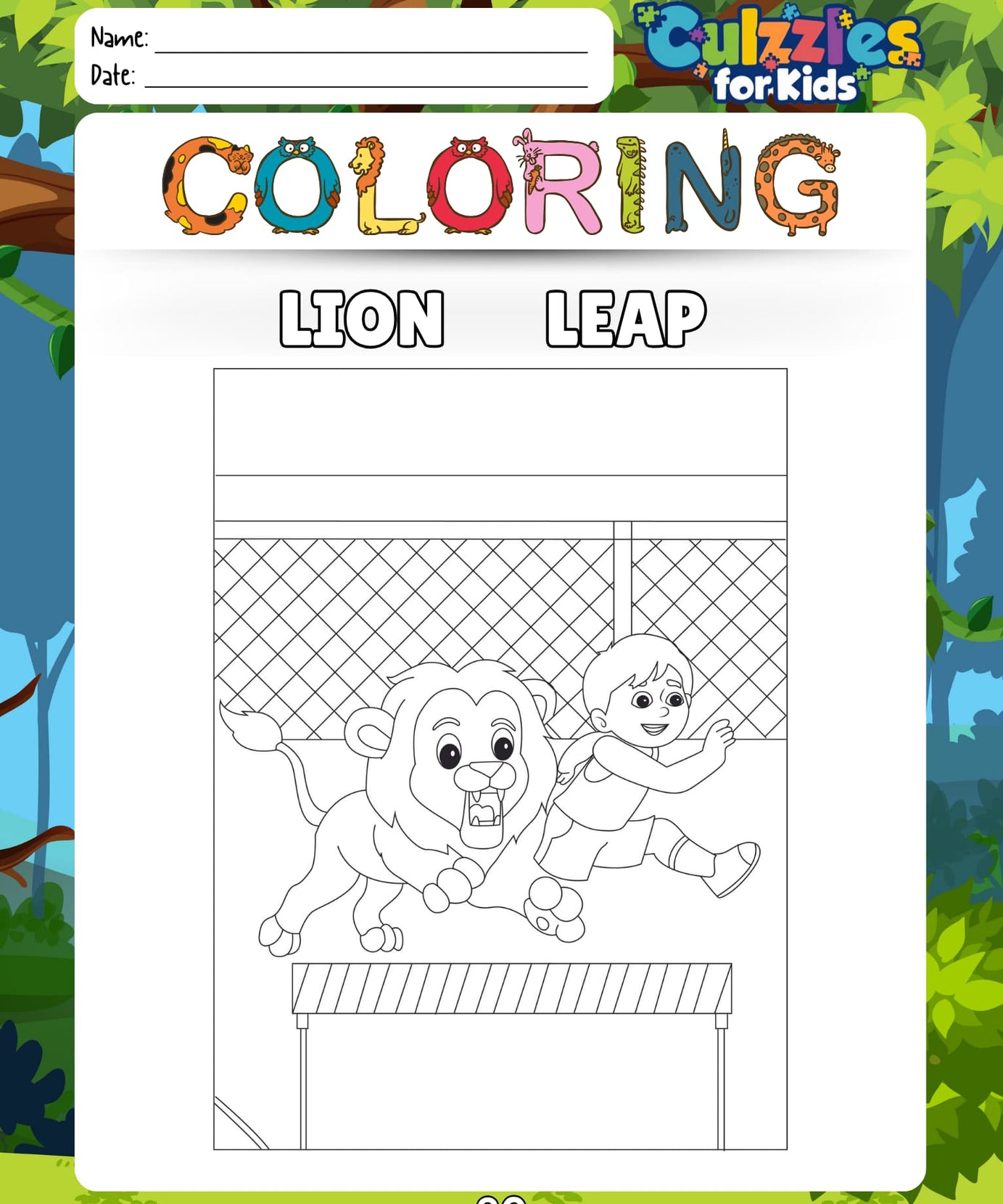 Coloring book page for children with a lion and child illustration, titled 'Lion Leap'.
