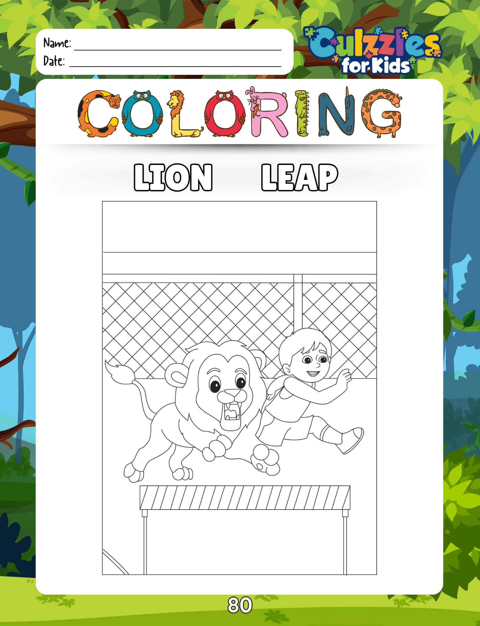 Coloring book page for children with a lion and child illustration, titled 'Lion Leap'.