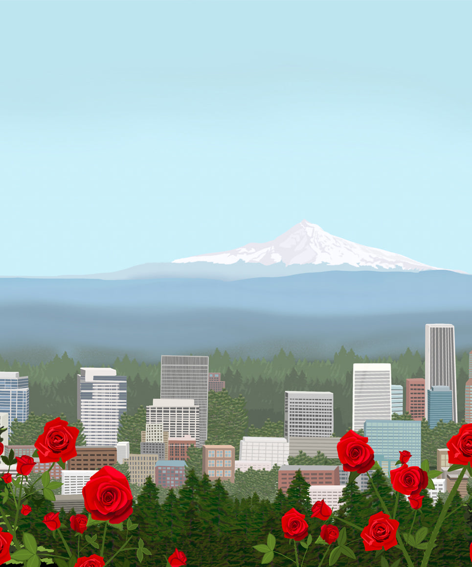 Cityscape with red roses in the foreground and a mountain in the background