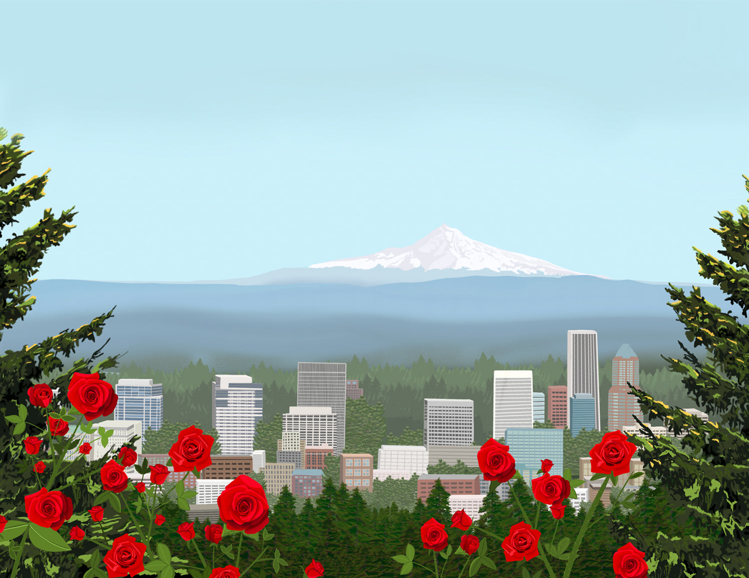 Cityscape with red roses in the foreground and a mountain in the background