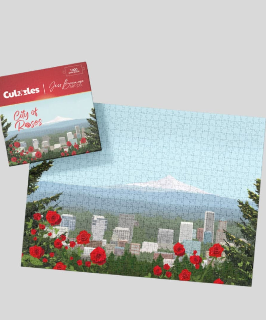 Culzean Games puzzle with cityscape and roses design on a light gray background