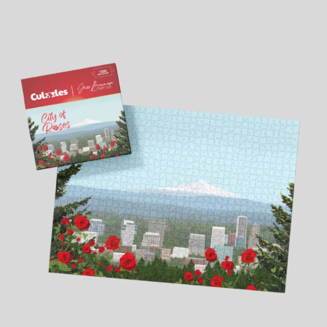 Culzean Games puzzle with cityscape and roses design on a light gray background