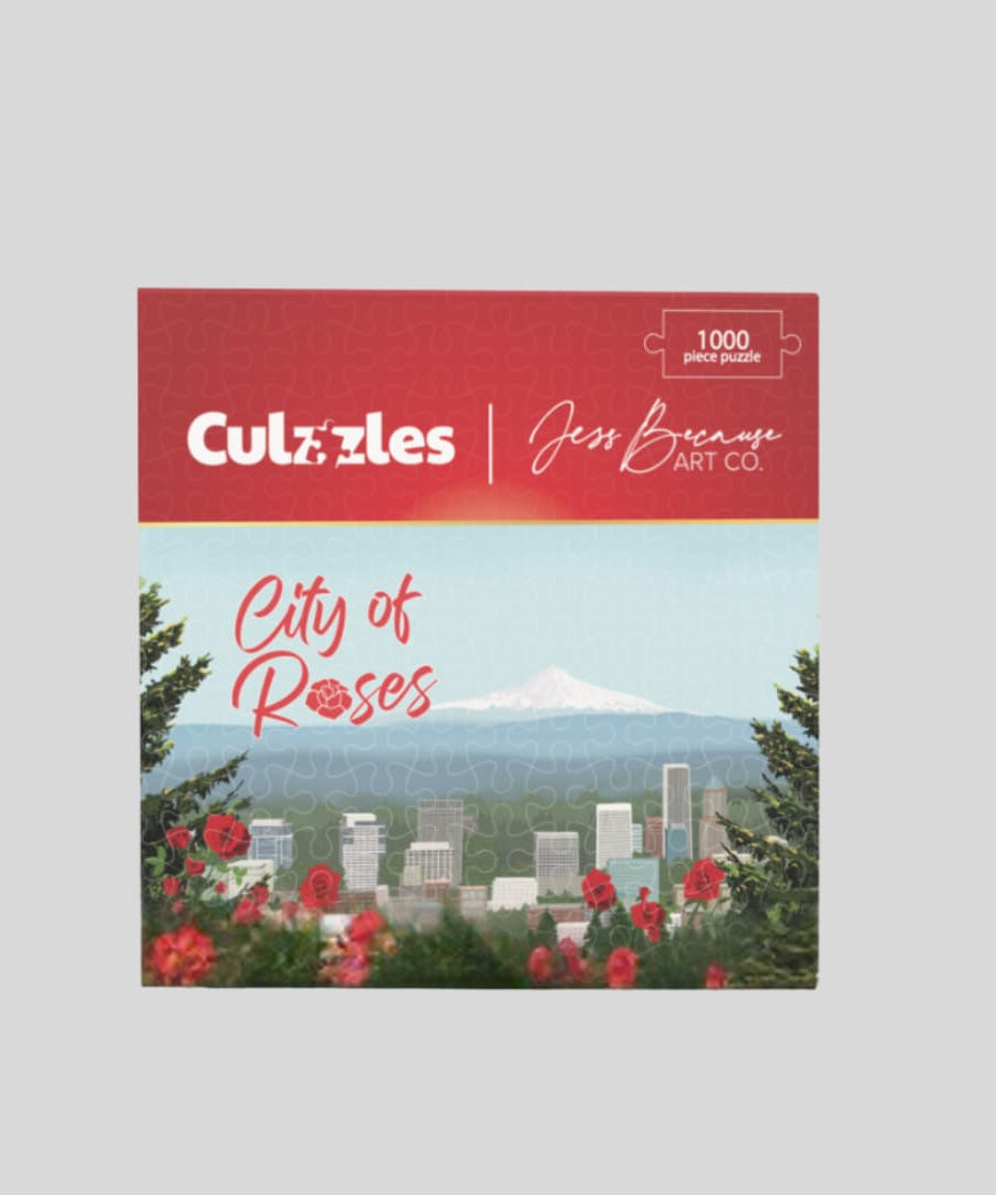 Culzzles puzzle box with 'City of Roses' design on a gray background