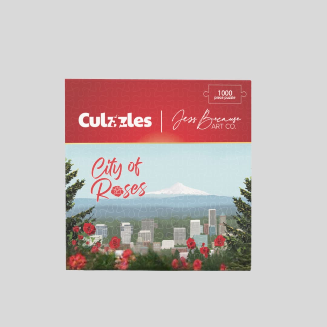 Culzzles puzzle box with 'City of Roses' design on a gray background