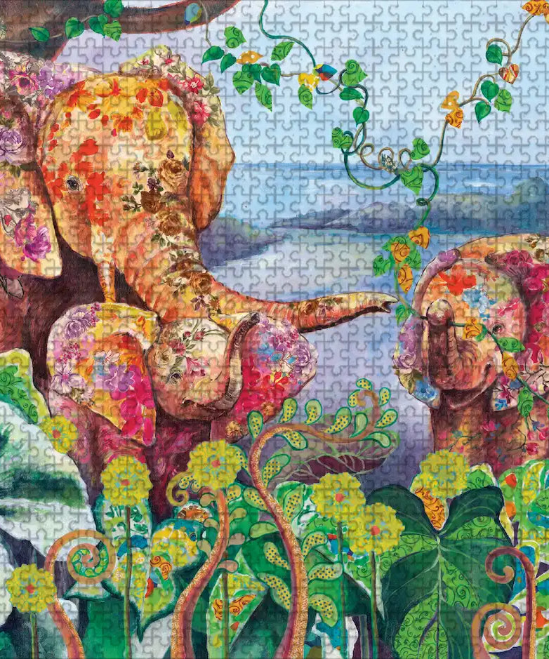 Colorful elephant puzzle with floral patterns and a scenic background