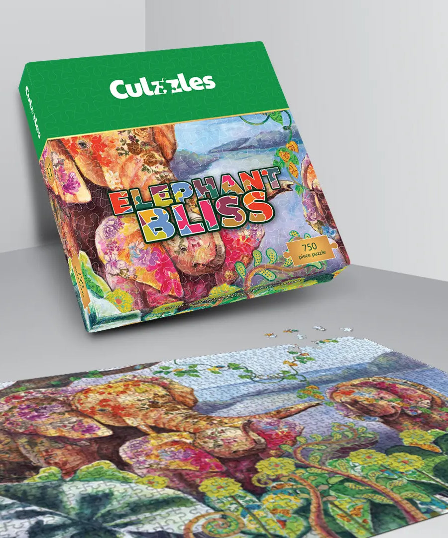 Culzzles Elephant Bliss puzzle box with a partially completed puzzle on a gray surface.