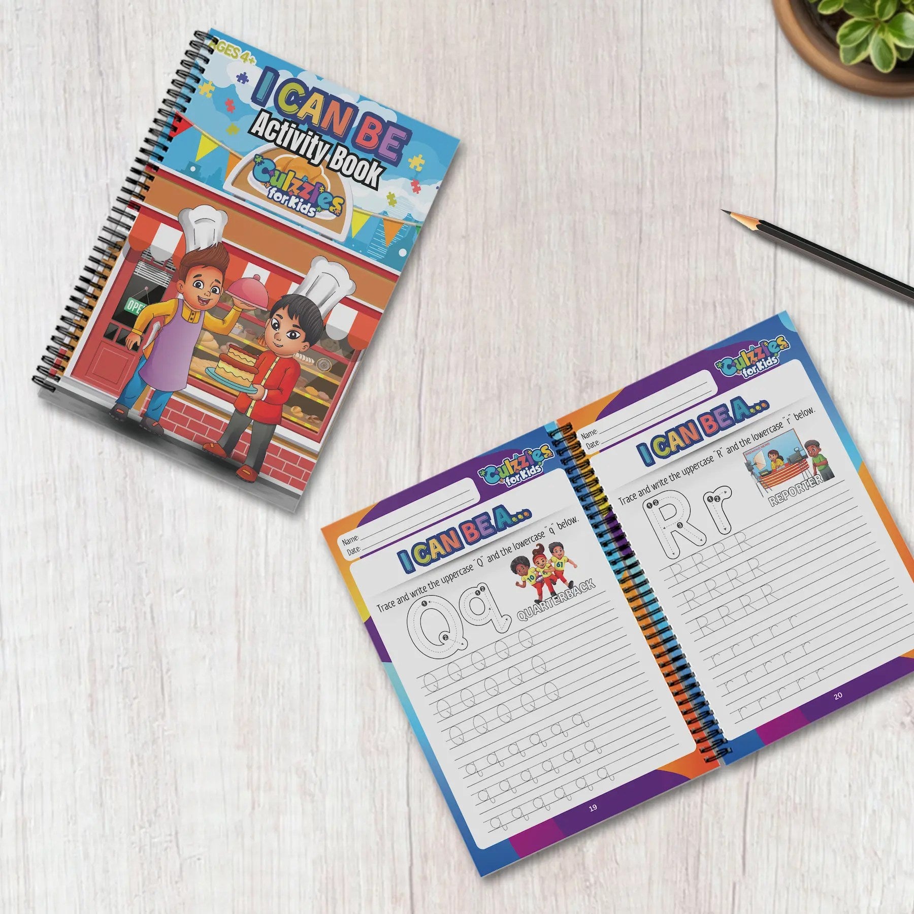 A Culzzles Children's erasable activity book titled 'I Can Be' on a wooden surface with a pencil.