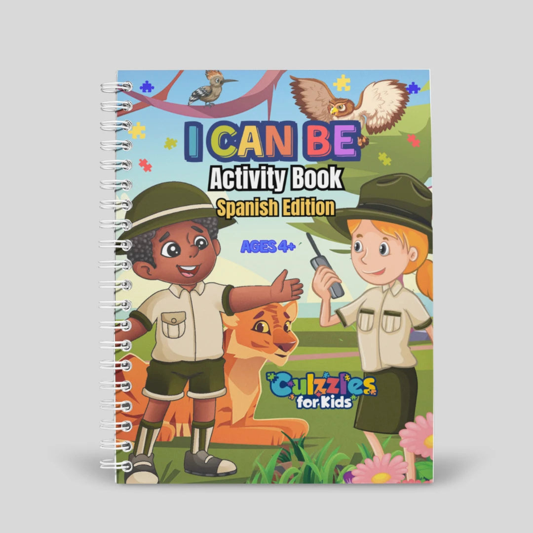 Activity book titled 'I Can Be' with cartoon characters and animals on a white background