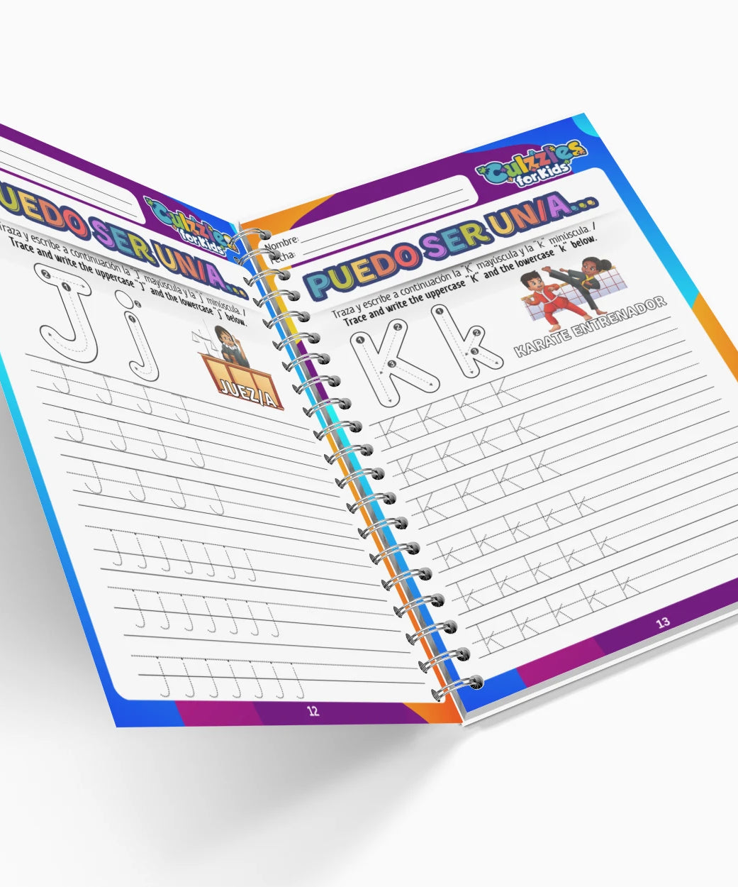 Open educational workbook with letter tracing pages on a white background