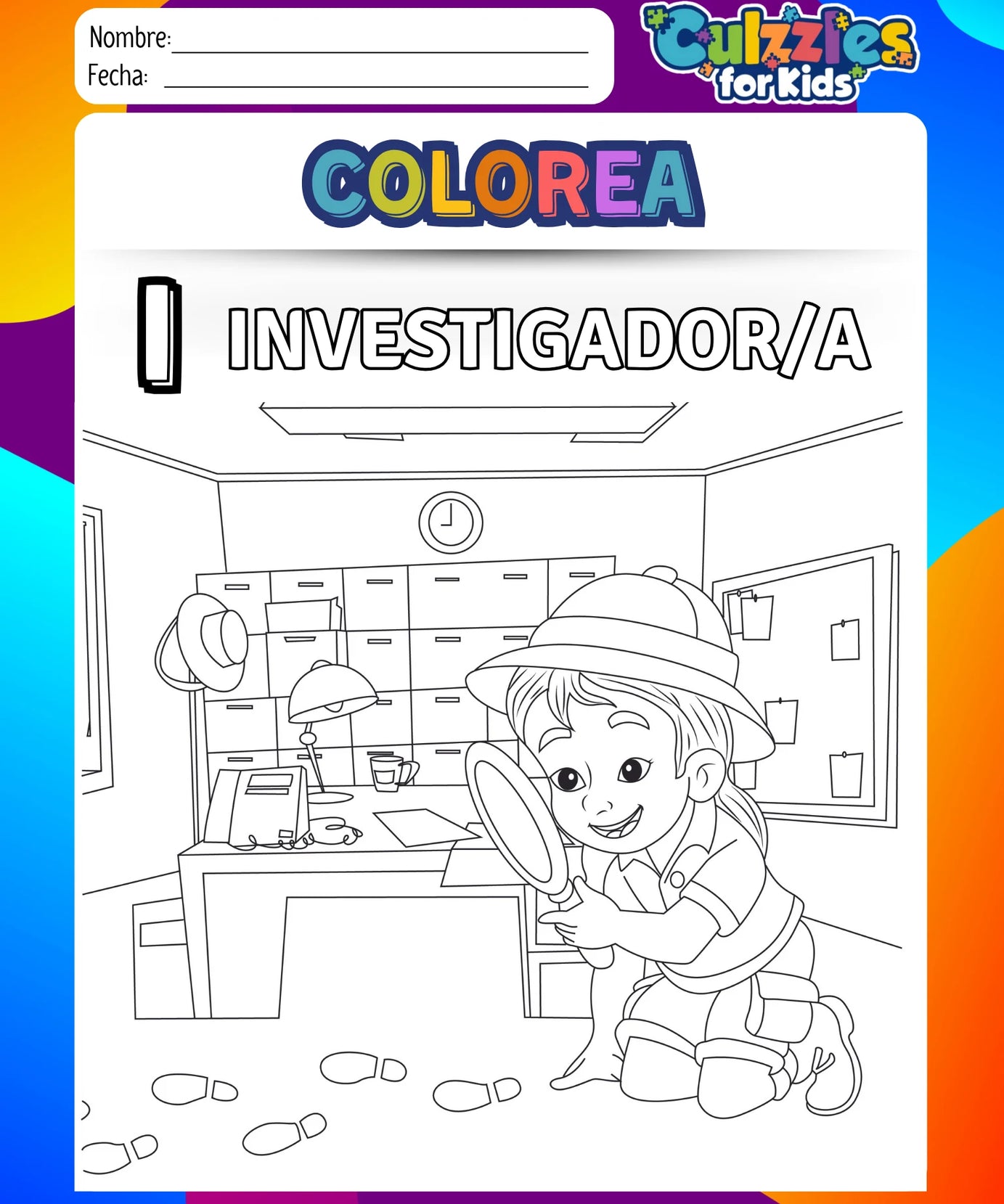 Coloring book page for children with a boy in a detective outfit and the title 'Colorea Investigador/a' on a colorful border.