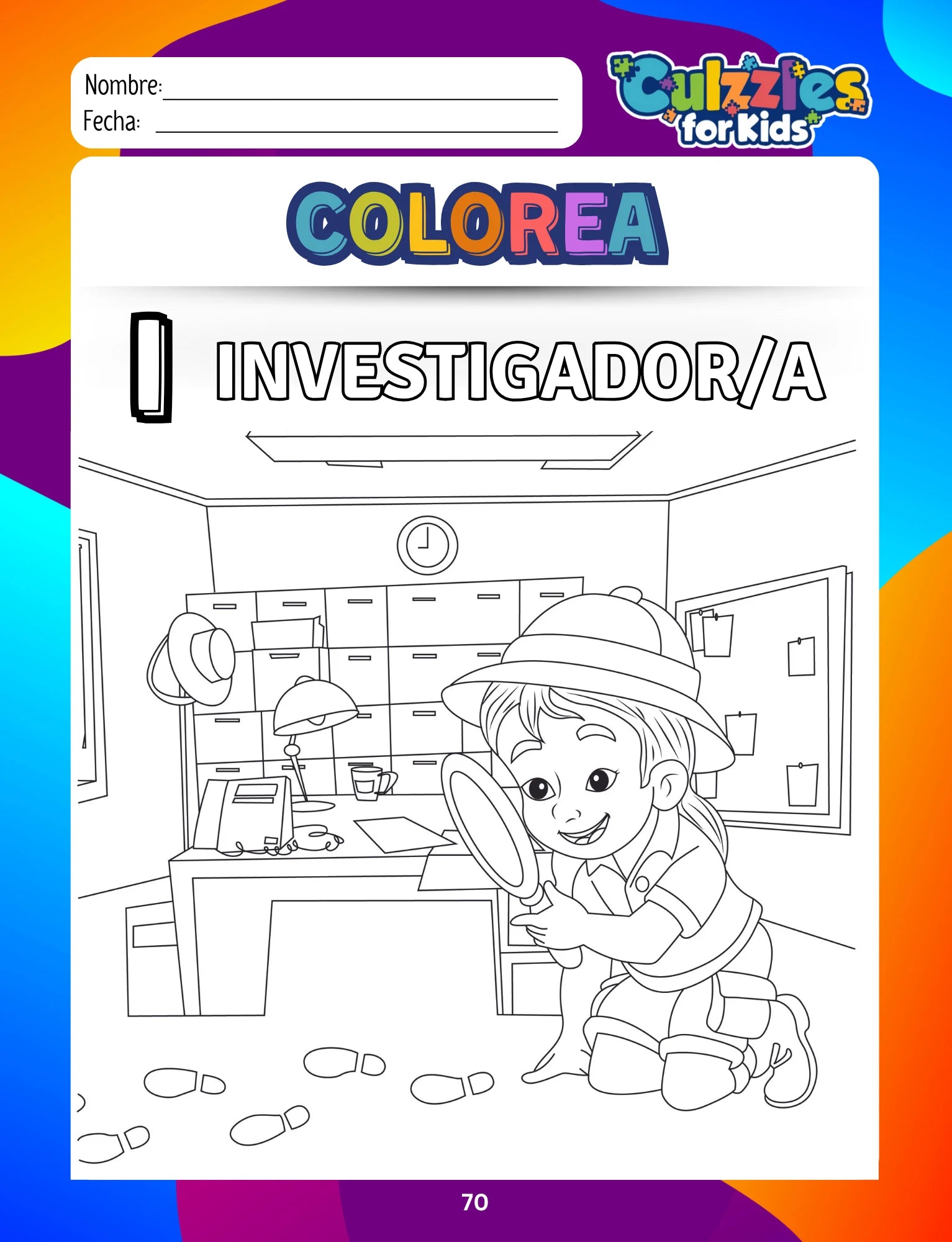 Coloring book page for children with a boy in a detective outfit and the title 'Colorea Investigador/a' on a colorful border.