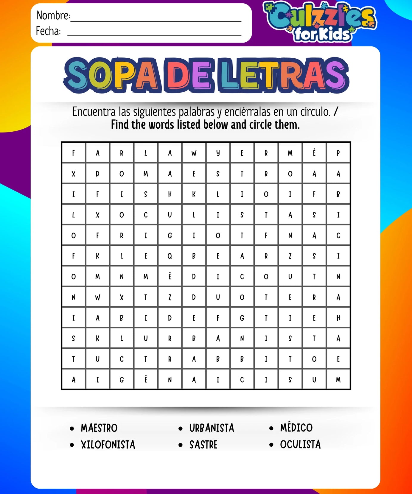 Word search puzzle for children with colorful border and 'Guzzles for Kids' branding.