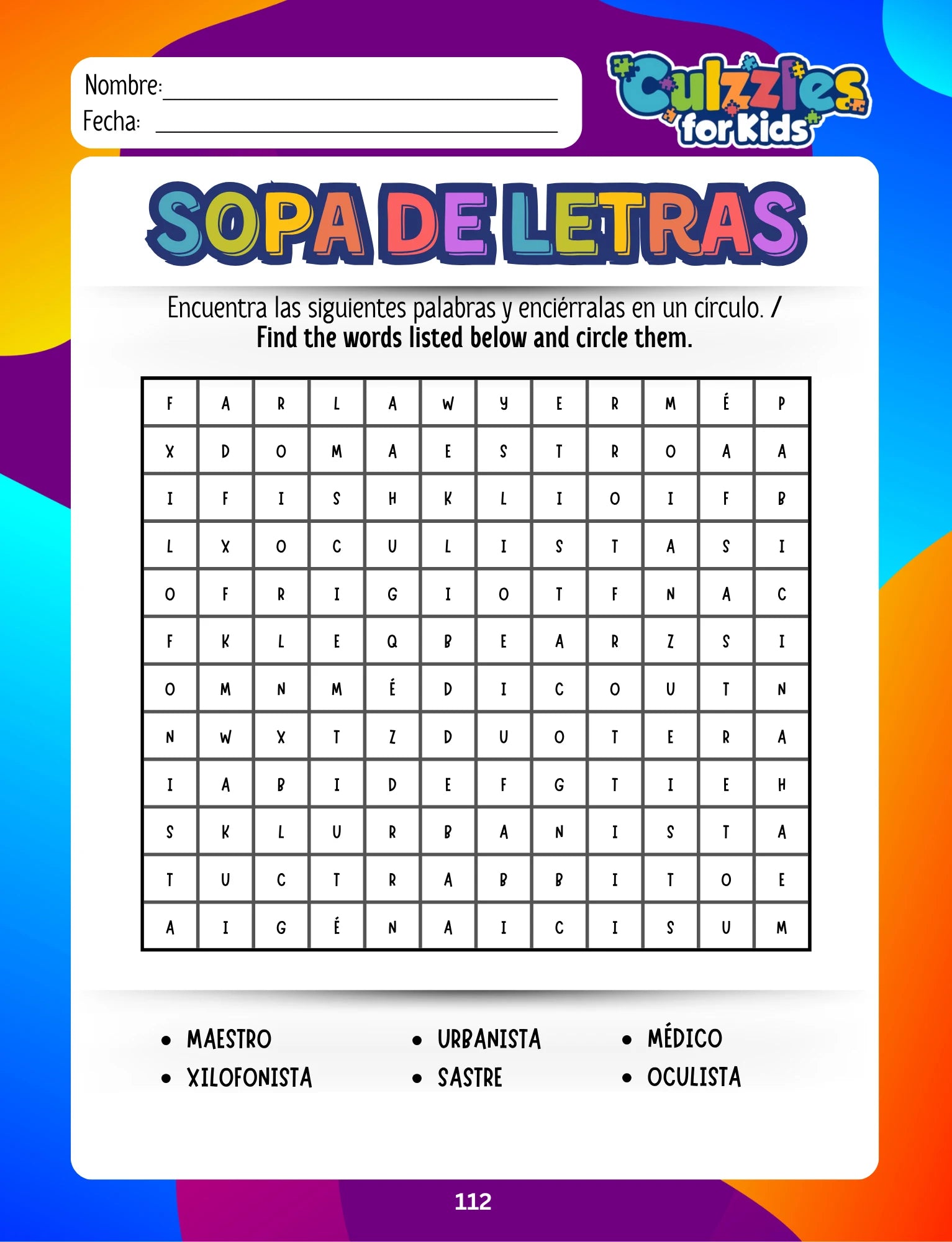 Word search puzzle for children with colorful border and 'Guzzles for Kids' branding.