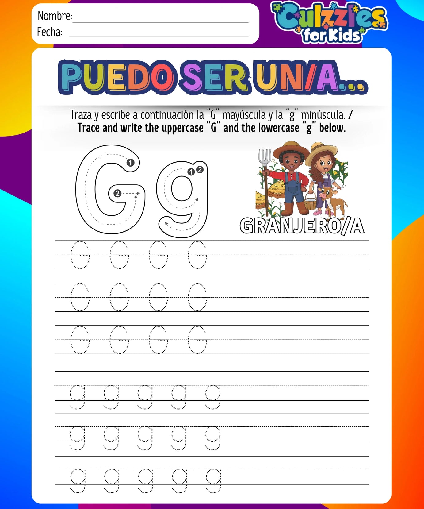 Educational worksheet for children to trace and write the letter 'G' with colorful border and branding at the top.