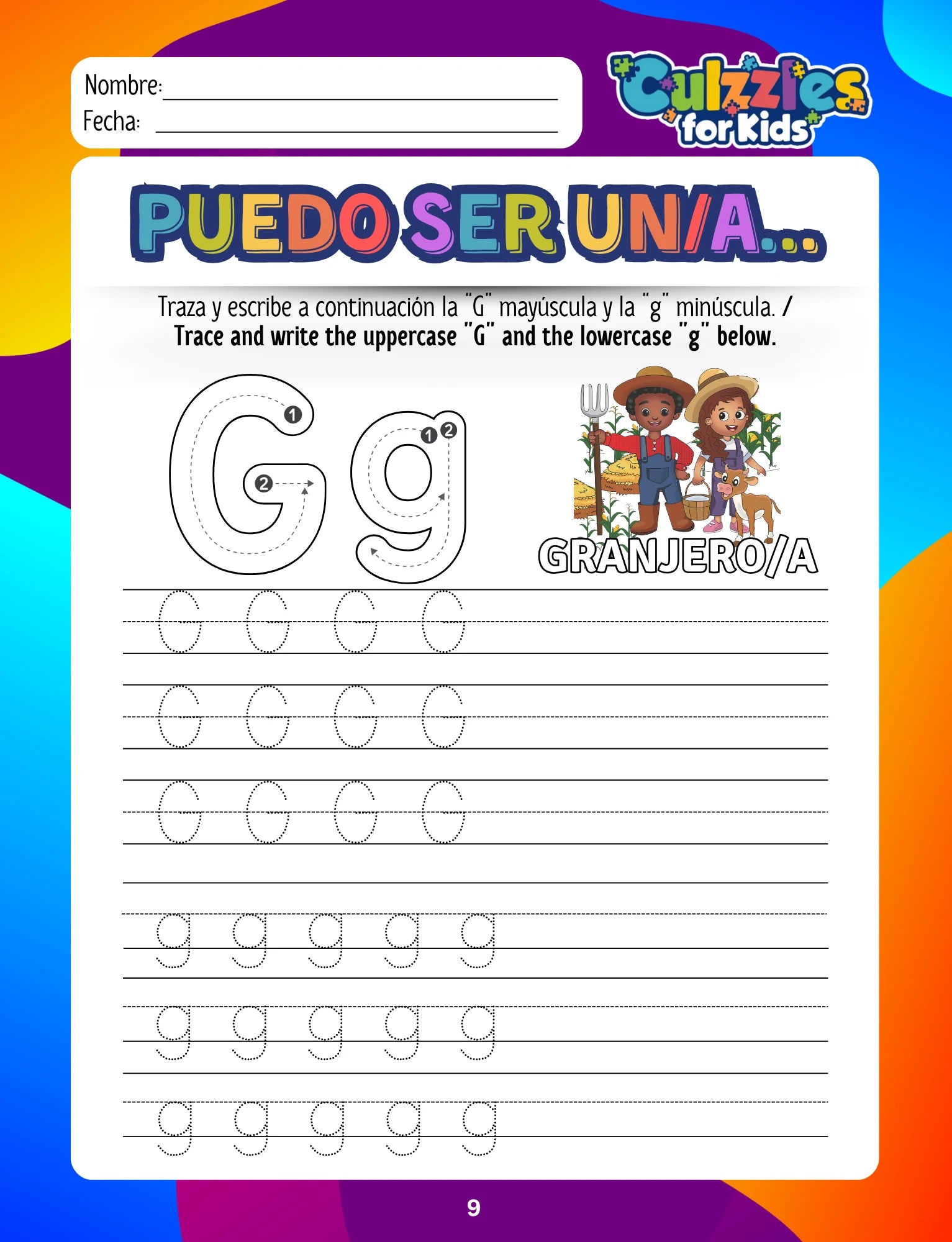 Educational worksheet for children to trace and write the letter 'G' with colorful border and branding at the top.
