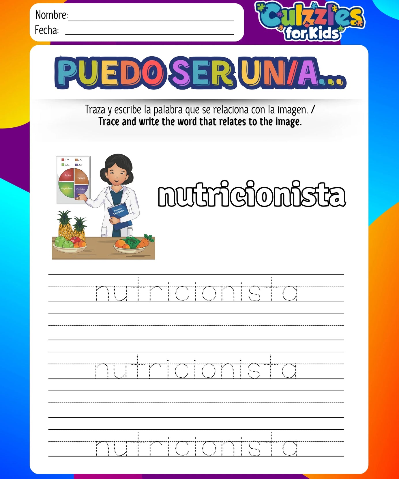 Educational worksheet for children with a nutritionist illustration and word tracing activity.