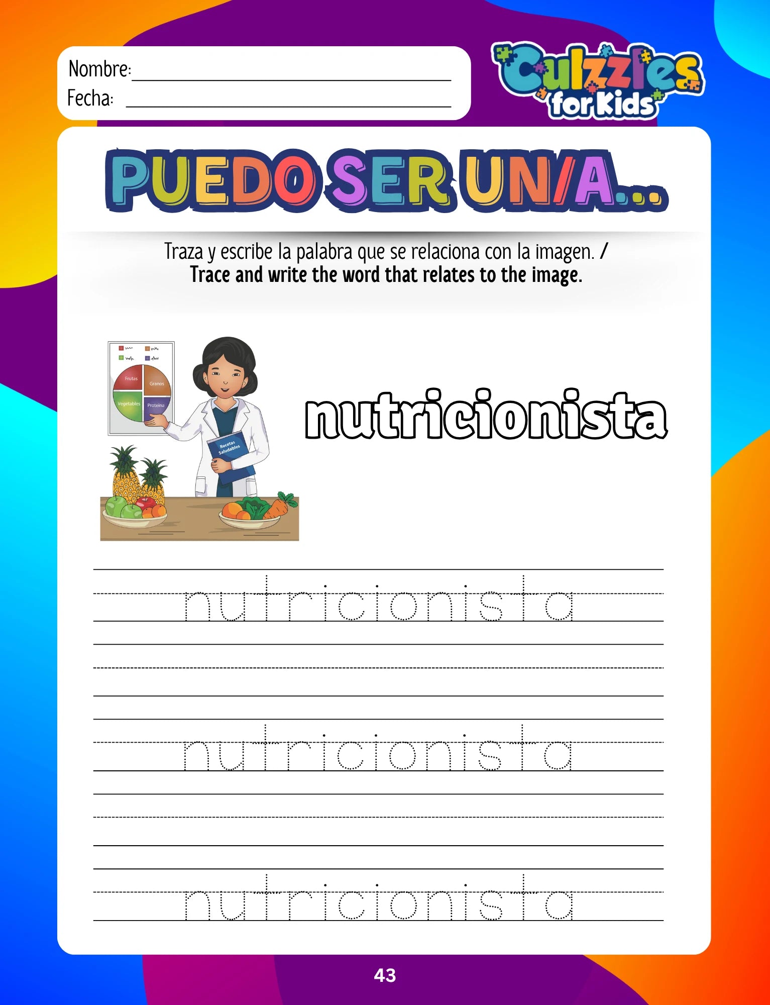 Educational worksheet for children with a nutritionist illustration and word tracing activity.
