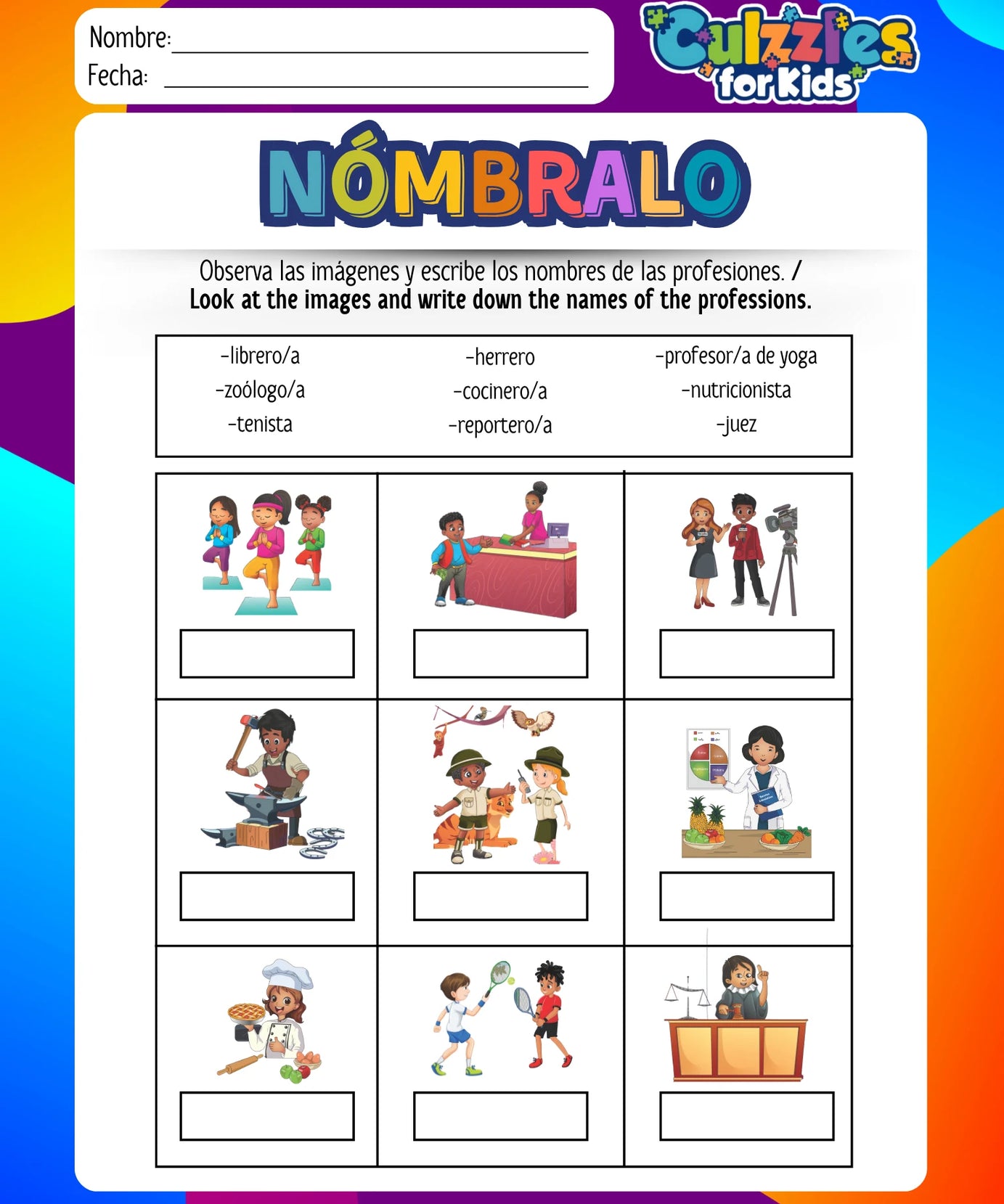 Educational worksheet for children with images and text in Spanish, featuring career professions.