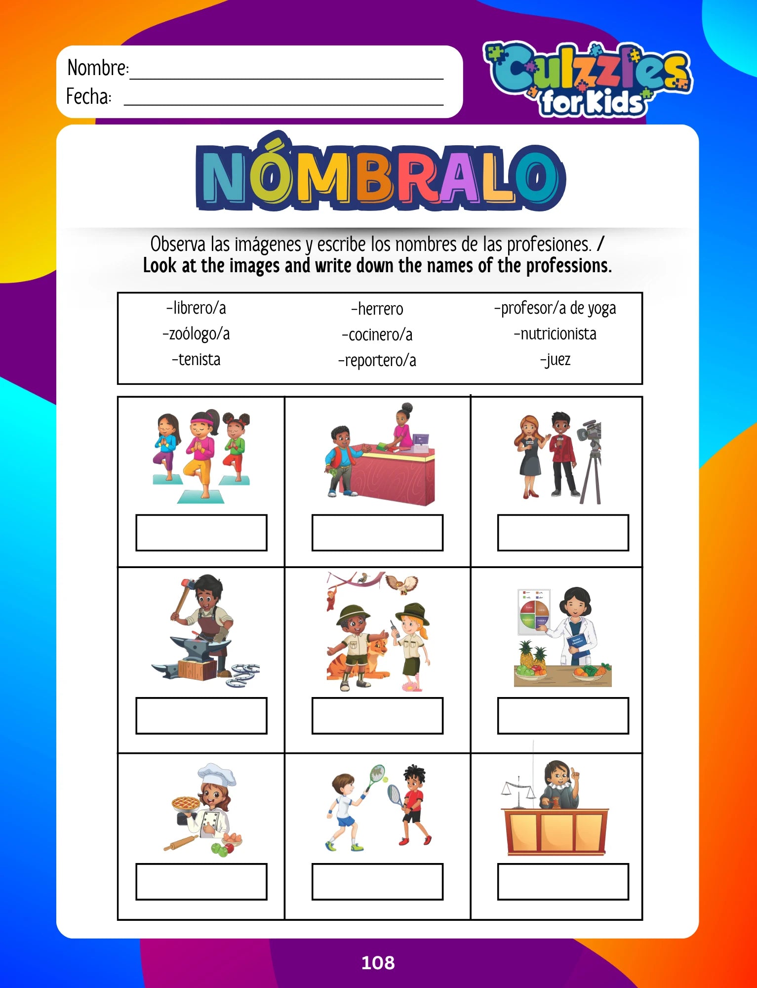 Educational worksheet for children with images and text in Spanish, featuring career professions.