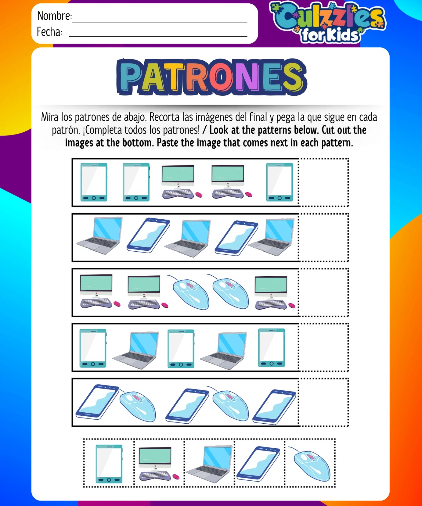 Educational worksheet for children with patterns and images of electronic devices, branded 'Cuillizies for Kids'.
